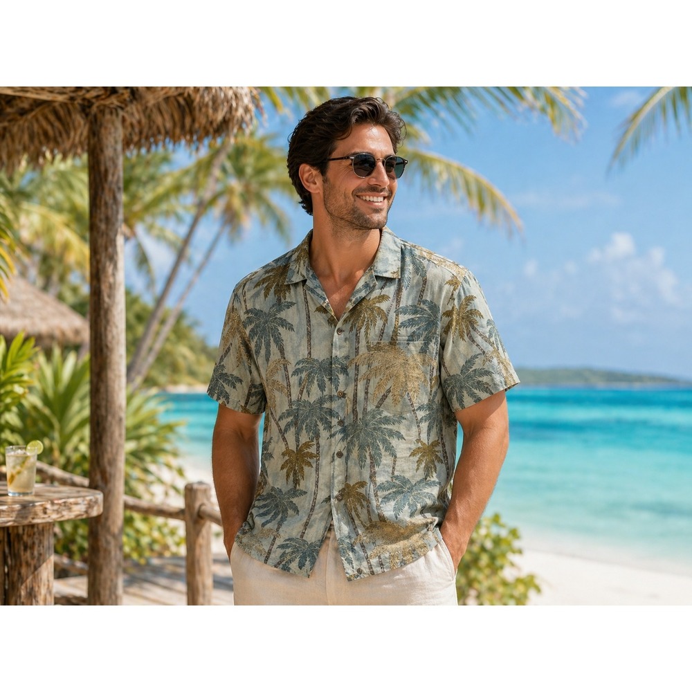 Tommy Bahama Mens XXL‎ Blue Silk Palm Tree Print Camp Shirt Short Sleeve Relaxed